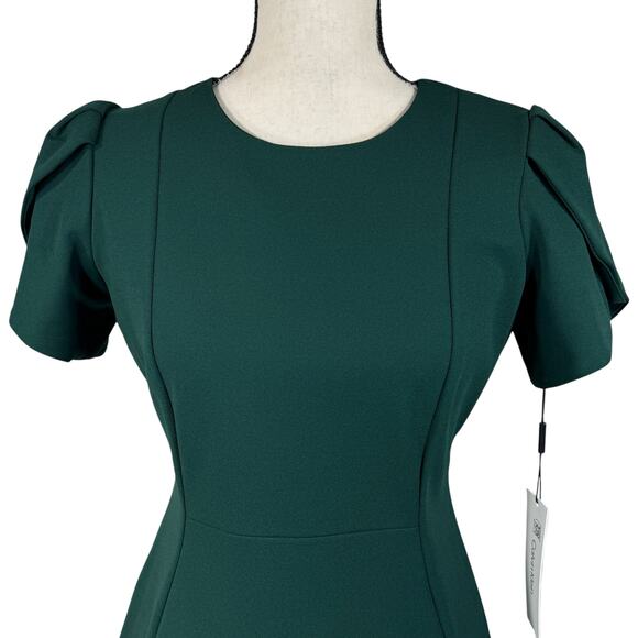 Calvin Klein Petite SZ 8P Sheath Dress Tulip Sleeve Stretch Knee Length Green - Picture 2 of 10